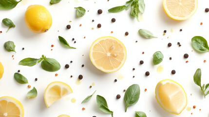 Lemon and herbs background with white marble copy space, Pattern with aromatic herbs and spices on white background ,Pattern with aromatic herbs and spices on white background 
