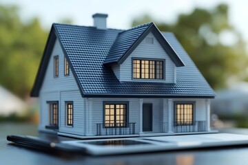 Model house standing on a tablet, representing online real estate search and purchase
