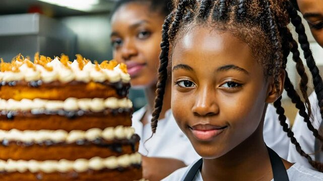 Joyful young baker with a delicious layered cake in a bustling kitchen during a baking class