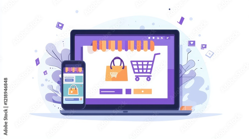 Poster a laptop and smartphone displaying an online shopping page with a shopping cart and checkout button 