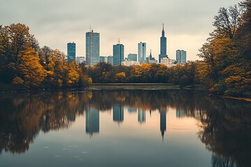 Fototapeta premium Autumn Cityscape Reflection Stunning Modern City Skyline Reflected in Calm Lake with Autumn Trees