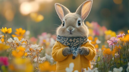 Fototapeta premium Adorable Bunny in a Yellow Coat Among Spring Blossoms