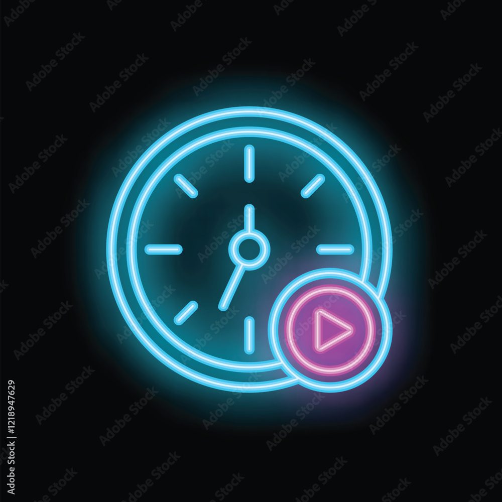 Poster neon glowing clock showing starting time with play button icon, concept of time management, deadline