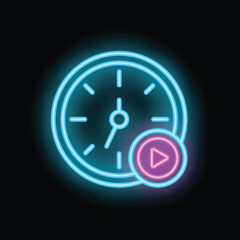 Neon glowing clock showing starting time with play button icon, concept of time management, deadline, schedule, planning, time for action