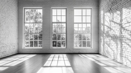 Sunlit Empty Room with White Brick Walls and Large Windows