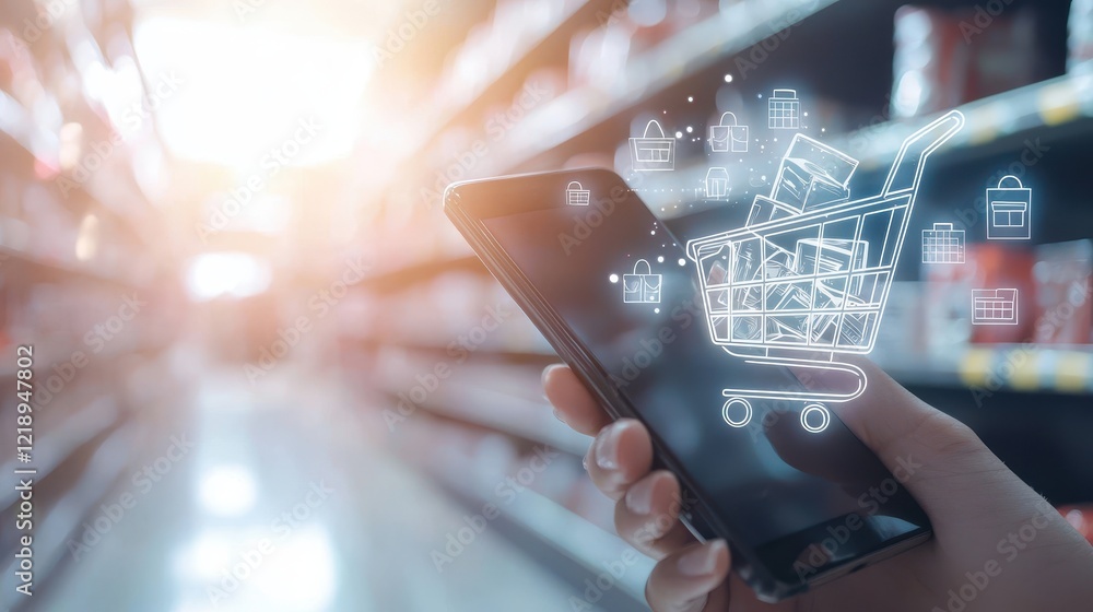 Poster a person browsing a digital marketplace on a smartphone with a cart filled with items and a checkout