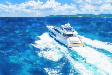 Fototapeta premium Luxurious Motor Yacht Cruising on a Vibrant Tropical Ocean