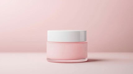 Minimalist pink skincare cream jar on soft pastel background
