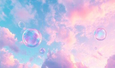 Iridescent Soap Bubbles Floating in Pastel Pink Blue Sunset Sky Abstract Texture Dreamy Background Concept, 