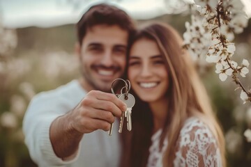 Happy couple showing house keys in front of blooming trees