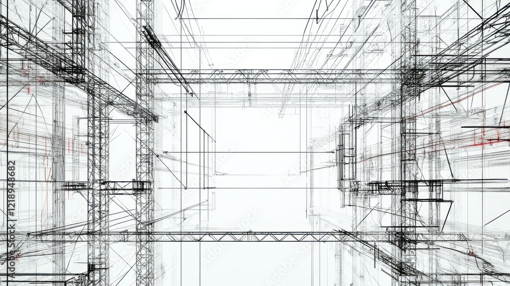 Poster abstract architectural blueprint showcasing intricate wireframe structures and spatial design