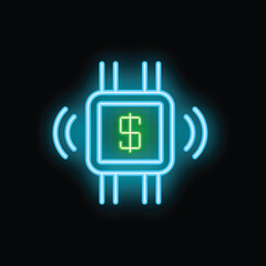 Neon glowing icon of a microchip processing and emitting a dollar currency symbol on a black background