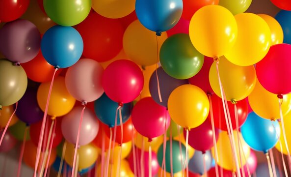 Vibrant colorful balloons, festive party decoration, helium-filled latex balloons, close-up view, bright colors, red yellow blue green, celebratory atmosphere, high-resolution image, overhead shot, cr