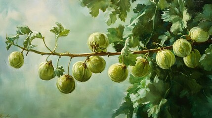 Obraz premium Fresh Green Gooseberries Hanging on a Branch in Soft Light