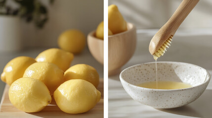 Closeup of lemon extract being added to a dessert, A dessert featuring a lemon topping, drizzled with syrup, on a rustic plate, Lemon curd in glass jar with fresh lemons
