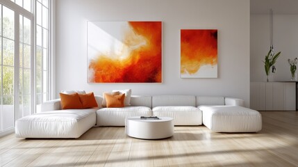 A Bright, Minimalist Living Room With A White Sectional Sofa, Orange Pillows, And Abstract Orange Artwork. Sunlight Streams Through Large Windows.