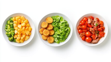 Healthy Meal Prep Roasted Potatoes, Broccoli, Crispy Chickpea Nuggets, Salad, and Tomato Stew