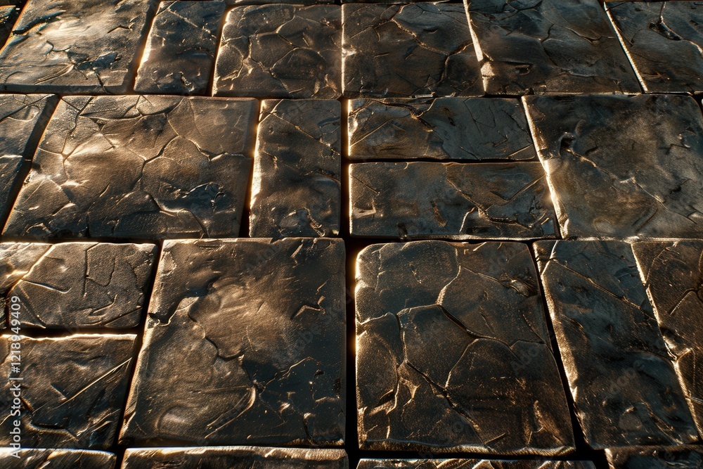 Poster a textured surface of dark, reflective tiles arranged in a grid pattern, illuminated by light, showc