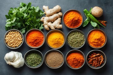 Various spices and herbs in bowls, promoting healthy cooking and vibrant flavors