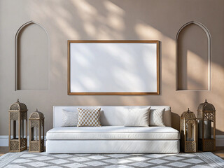 Frame mockup, ISO A paper size. Living room wall poster mockup. Interior mockup with house background. Modern interior design. 3D render