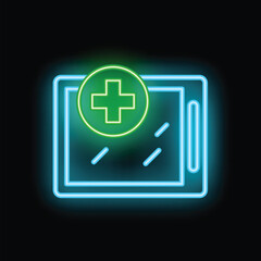 Neon medical cross glowing green over a blue neon tablet displaying a patient file, representing online medical consultation