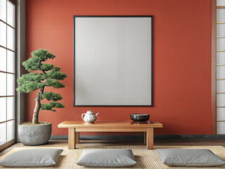 A minimalist interior design style featuring a low wooden tea table with a natural finish, positioned against a soft beige tatami-lined wall. The table has clean lines 
