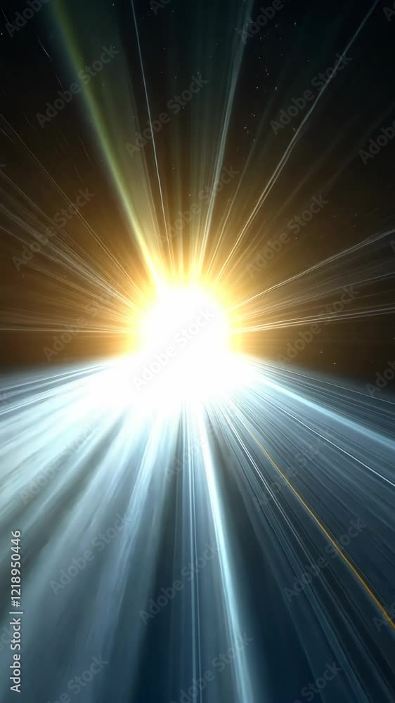 Poster bright light radiating from the center of a dark space with dynamic beams and rays extending outward