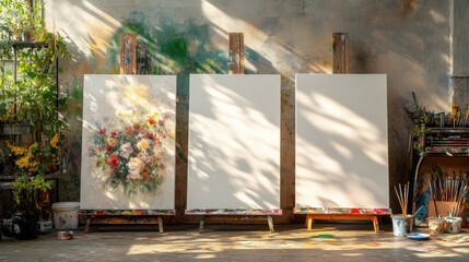 Artist's Studio with Blank Canvases and Flower Painting