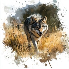 Majestic Gray Wolf In Golden Grassland
