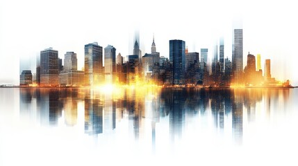 Obraz premium Abstract city skyline at sunset reflecting on water, showcasing vibrant colors and silhouettes