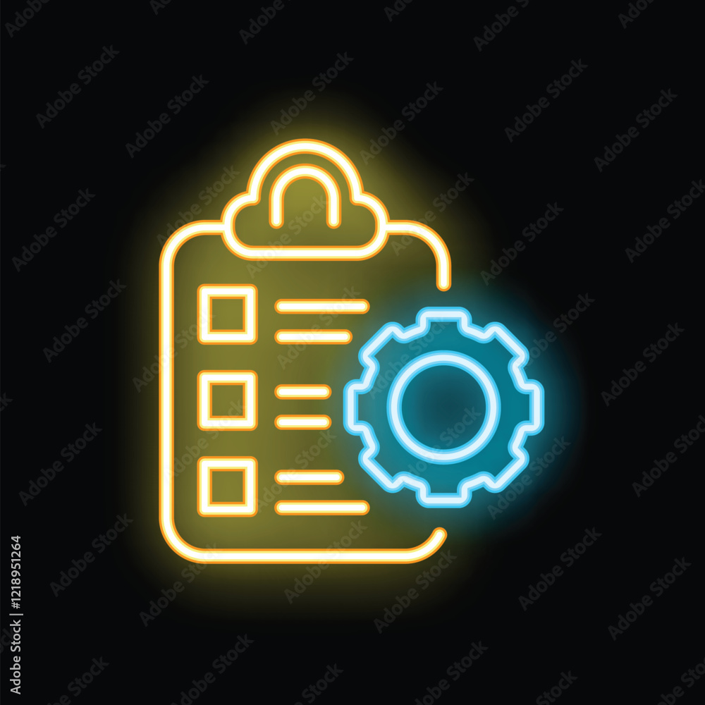 Poster neon sign showing a clipboard with a checklist and a gear representing project management