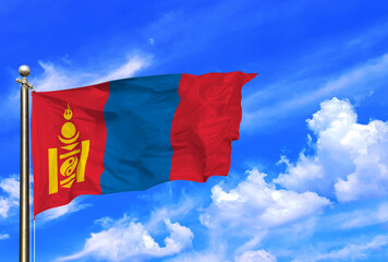 Mongolian National Flag Waving Proudly Under Blue Skies