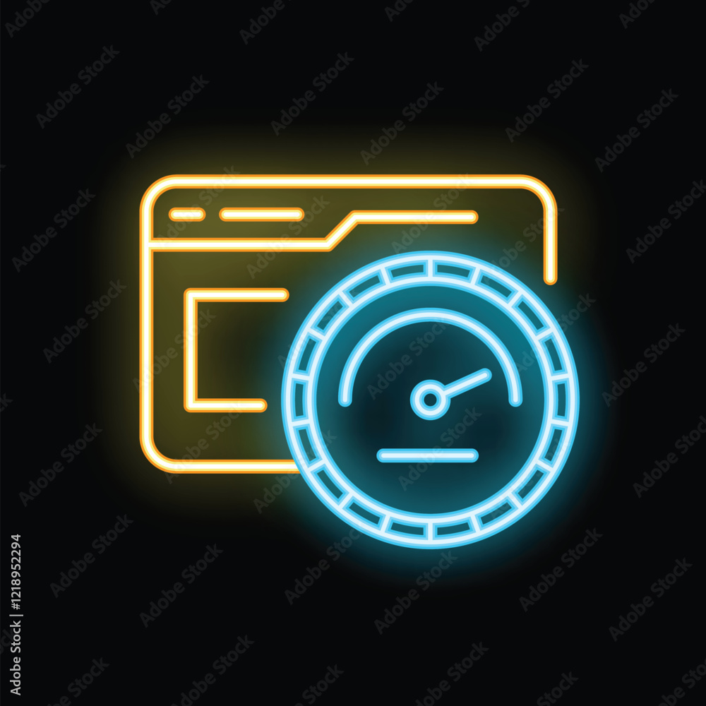 Poster neon glowing icon of a speedometer measuring website loading speed test