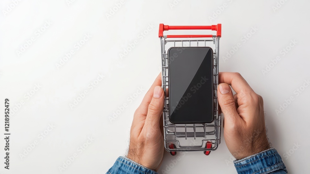 Poster a person comparing prices for a new tech gadget on an online marketplace using a smartphone on a whi