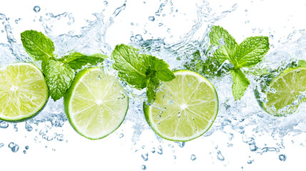 Lime, mint and water splash  , Cutted lime with leaves in water splashes isolated on white background,water drops on lemon and limes 