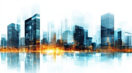 Abstract city skyline with blurred glass buildings reflecting warm light at dusk