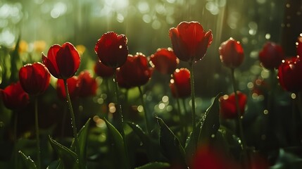 Fototapeta premium Glowing Red Tulips in a Lush Garden Under Soft Morning Light