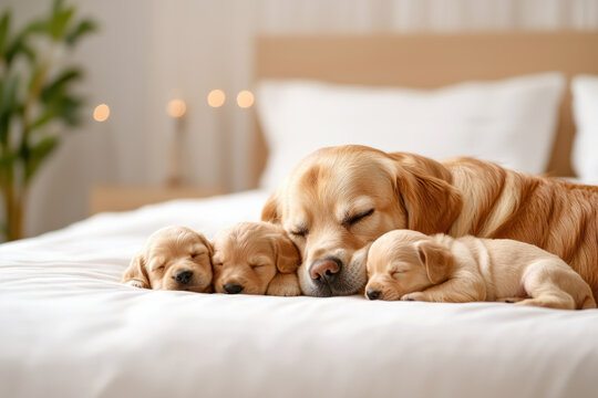 A mother dog gently licking her puppies as they nap beside her, A sweet scene of a mother dog and her three adorable puppies sleeping peacefully together on a cozy bed.