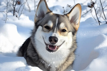 Naklejka premium Happy dog enjoying winter's snowy embrace