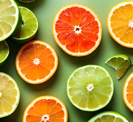 Fototapeta premium Fruit background. Colorful fresh fruits on white table. Orange, mandarin, lime, lemon, grapefruit. Flat lay, top view, copy space.generative ai