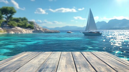 Obraz premium Wooden Dock Overlooking Turquoise Ocean with Sailboat