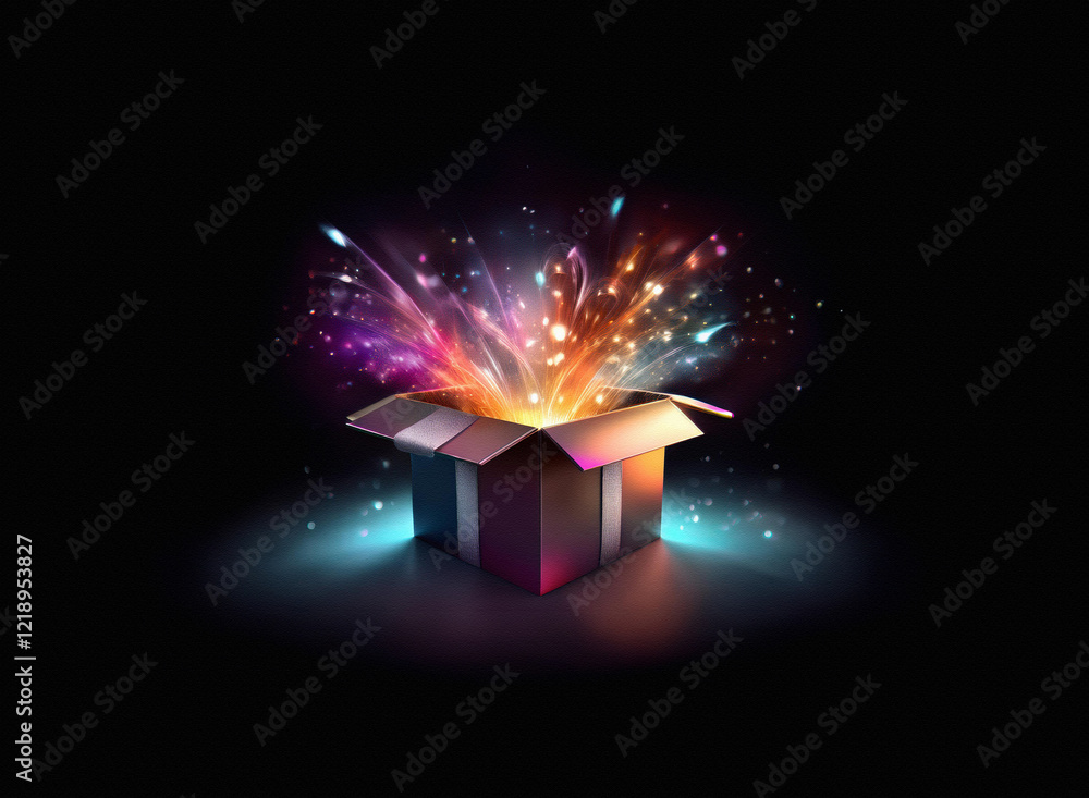 Poster a burst of vibrant light and color explodes from an open gift box, set against a dark background. th