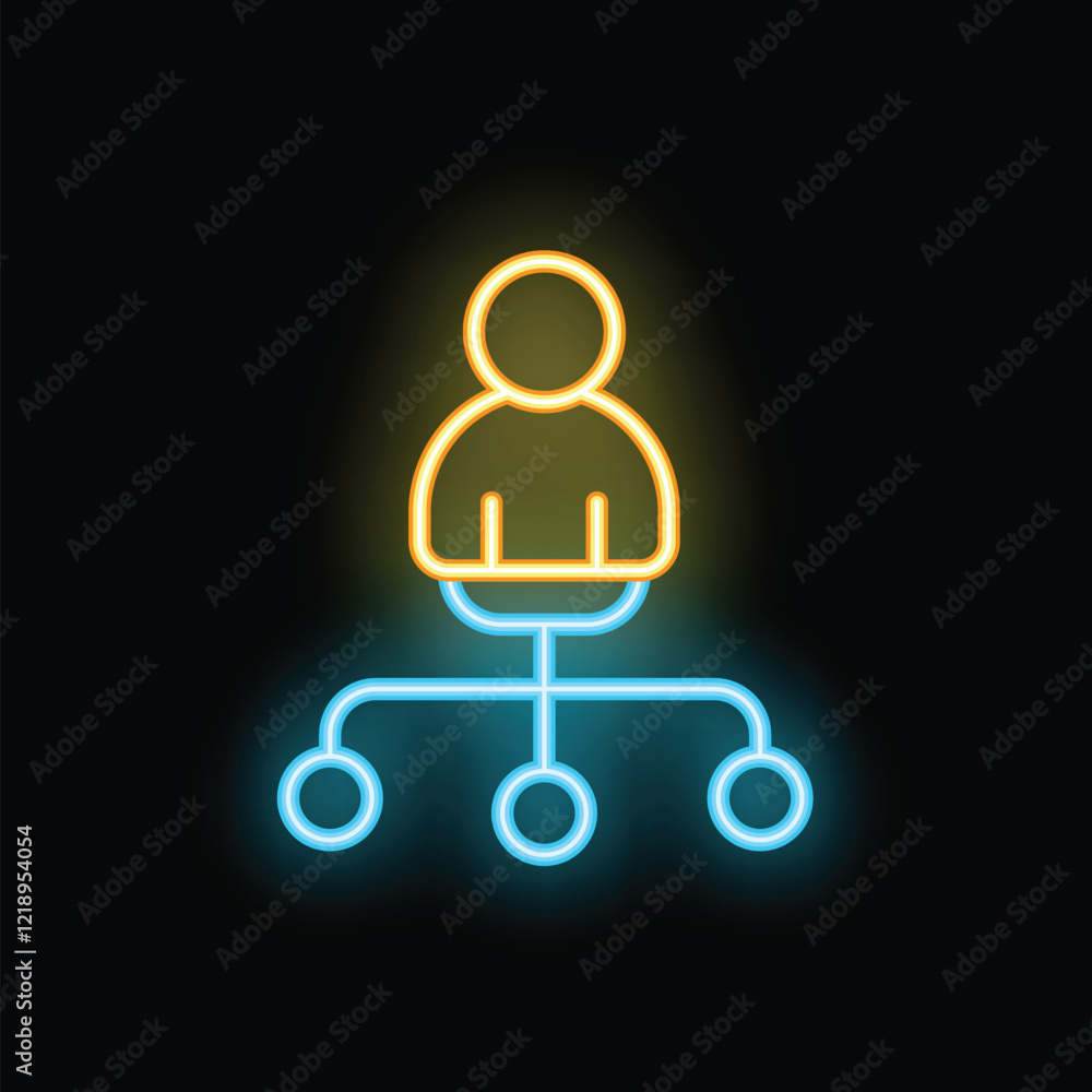 Poster neon glowing icon of a person managing a team, using a flow chart to represent the hierarchy