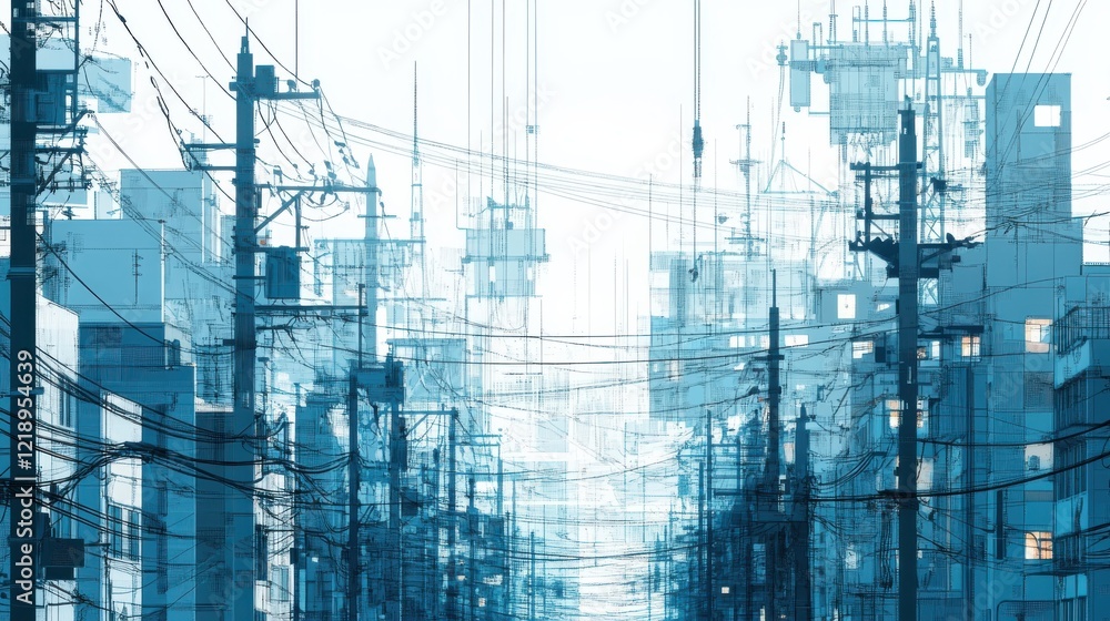 Aufkleber abstract cityscape with overlapping buildings and power lines, conveying urban complexity and depth