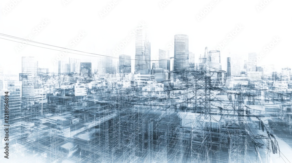 Poster abstract cityscape with layered structures and skyscrapers, conveying urban complexity and developme