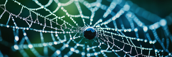 Naklejka premium Spider Web With Dewdrops In Morning Light