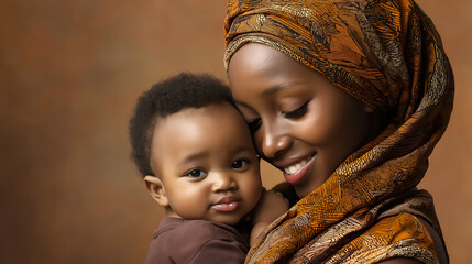 Beautiful African Ethiopian mother with newborn baby wearing a brown scarf on a brown background