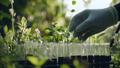 Scientist's gloved hand carefully adding liquid to test tubes with young plants, showcasing plant research and scientific analysis in a lush green setting.