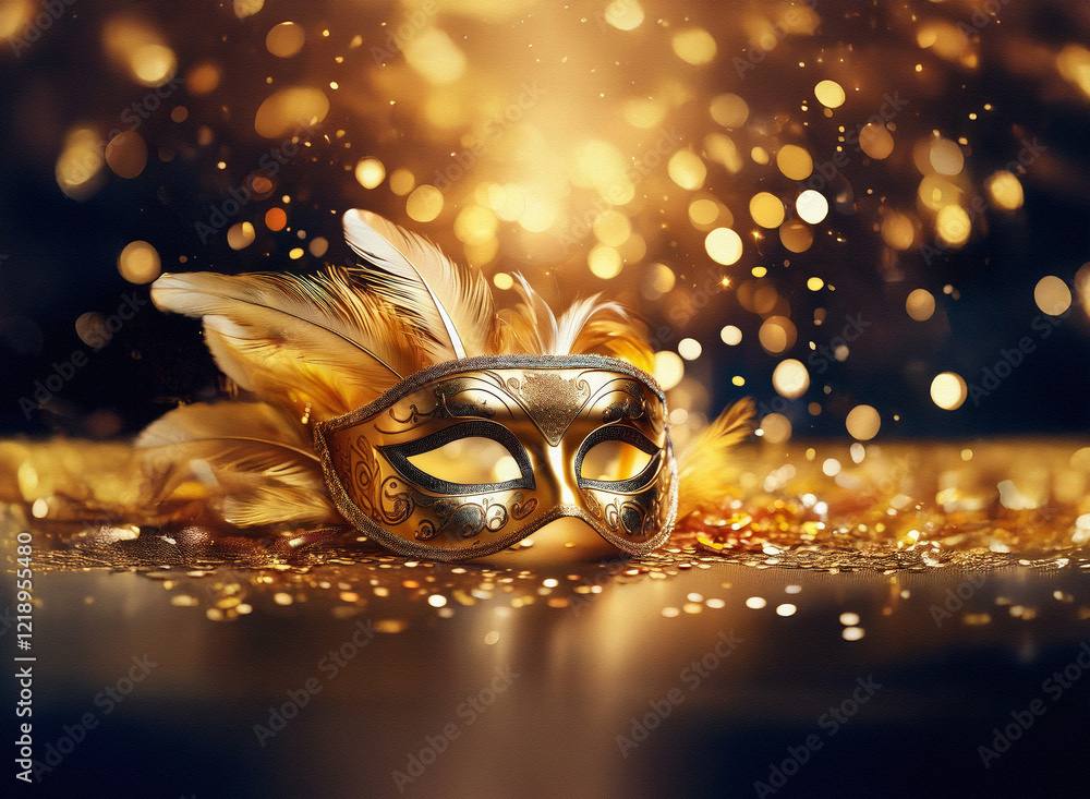 Aufkleber A golden masquerade mask with feathers lies on a sparkling surface with a bokeh background.