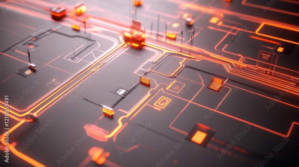 Aufkleber abstract close-up of a futuristic circuit board design with glowing orange lines and nodes